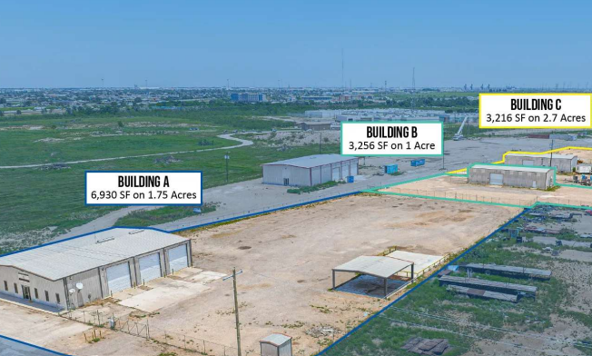 Aerial view of the three-building industrial site at 2011 S Crane Ave, Odessa, Texas, labeled Building A, B, and C